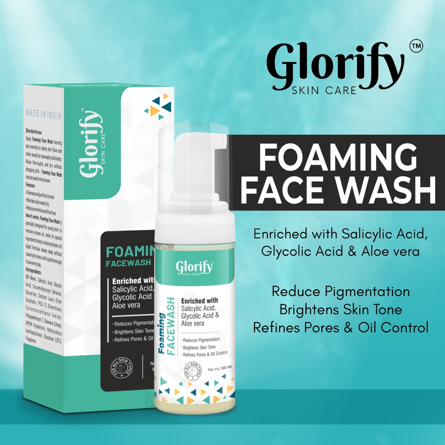 Glorify Foaming Face Wash | with Salicylic acid, Glycolic acid & Aloevera- for pigmentation, Acne,skin elasticity.