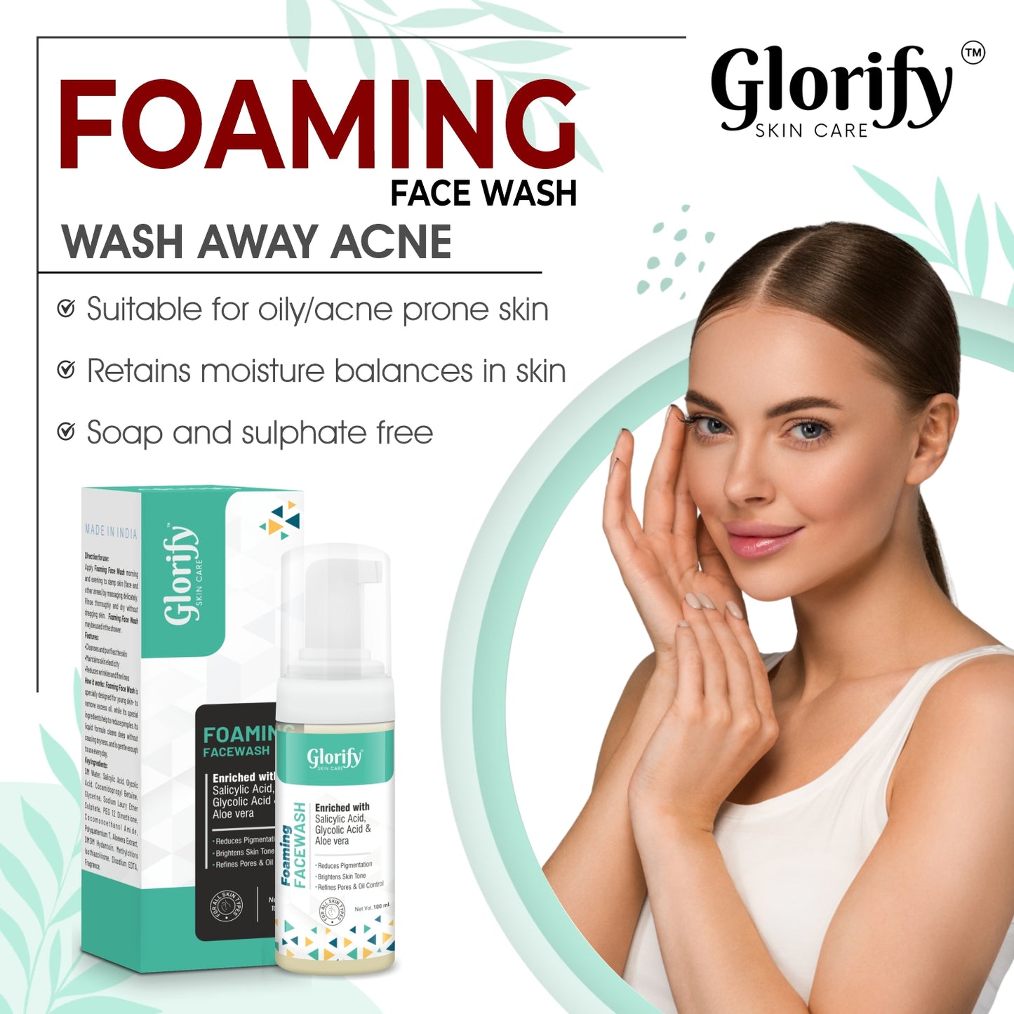Glorify Foaming Face Wash | with Salicylic acid, Glycolic acid & Aloevera- for pigmentation, Acne,skin elasticity.