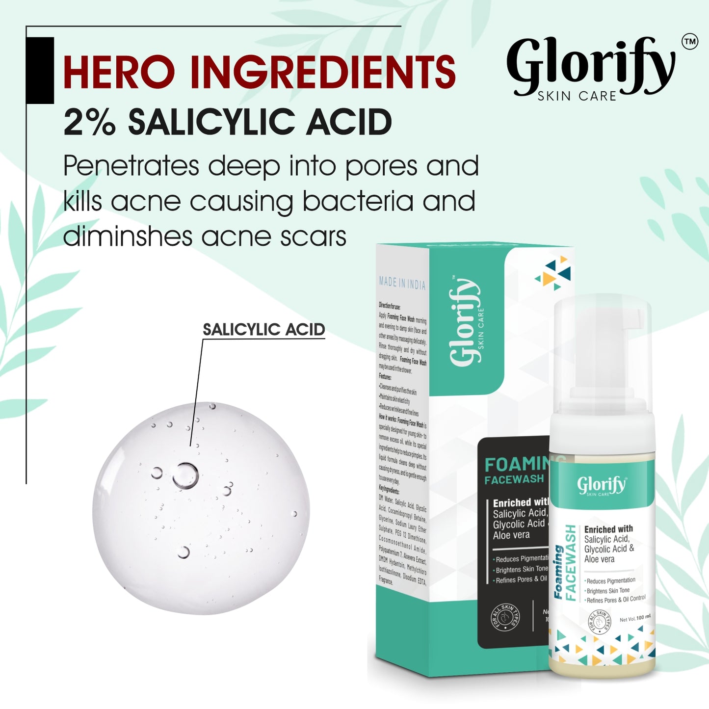 Glorify Foaming Face Wash | with Salicylic acid, Glycolic acid & Aloevera- for pigmentation, Acne,skin elasticity.