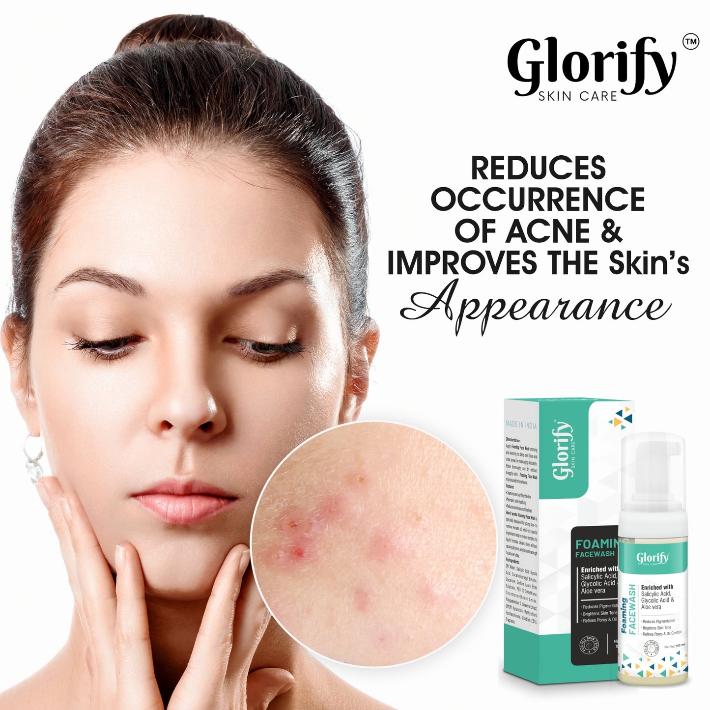 Glorify Foaming Face Wash | with Salicylic acid, Glycolic acid & Aloevera- for pigmentation, Acne,skin elasticity.