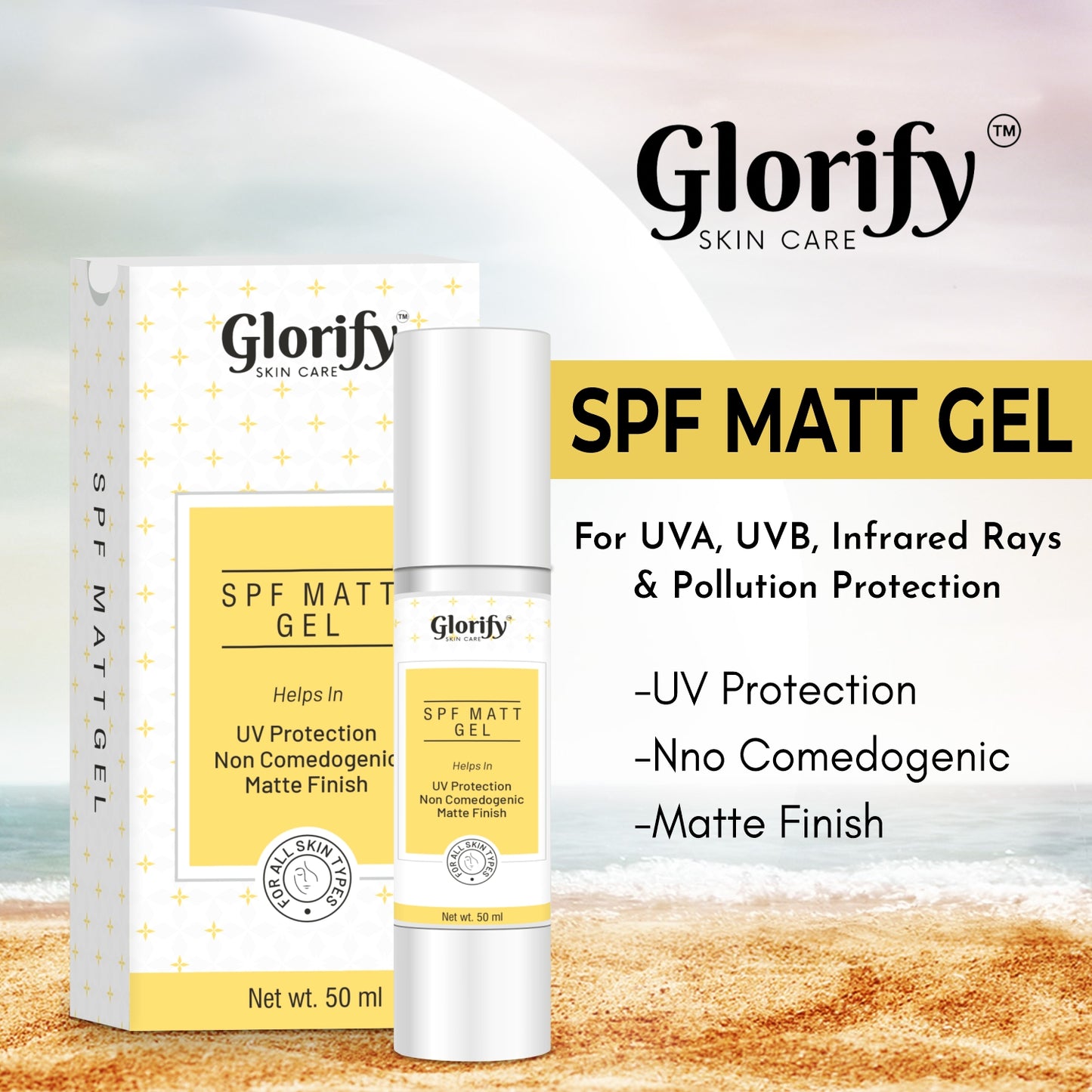 Glorify SPF Matt Gel | sunscreen with 50 spf PA+++, Non comedogenic,Water & Sweat Resistant.