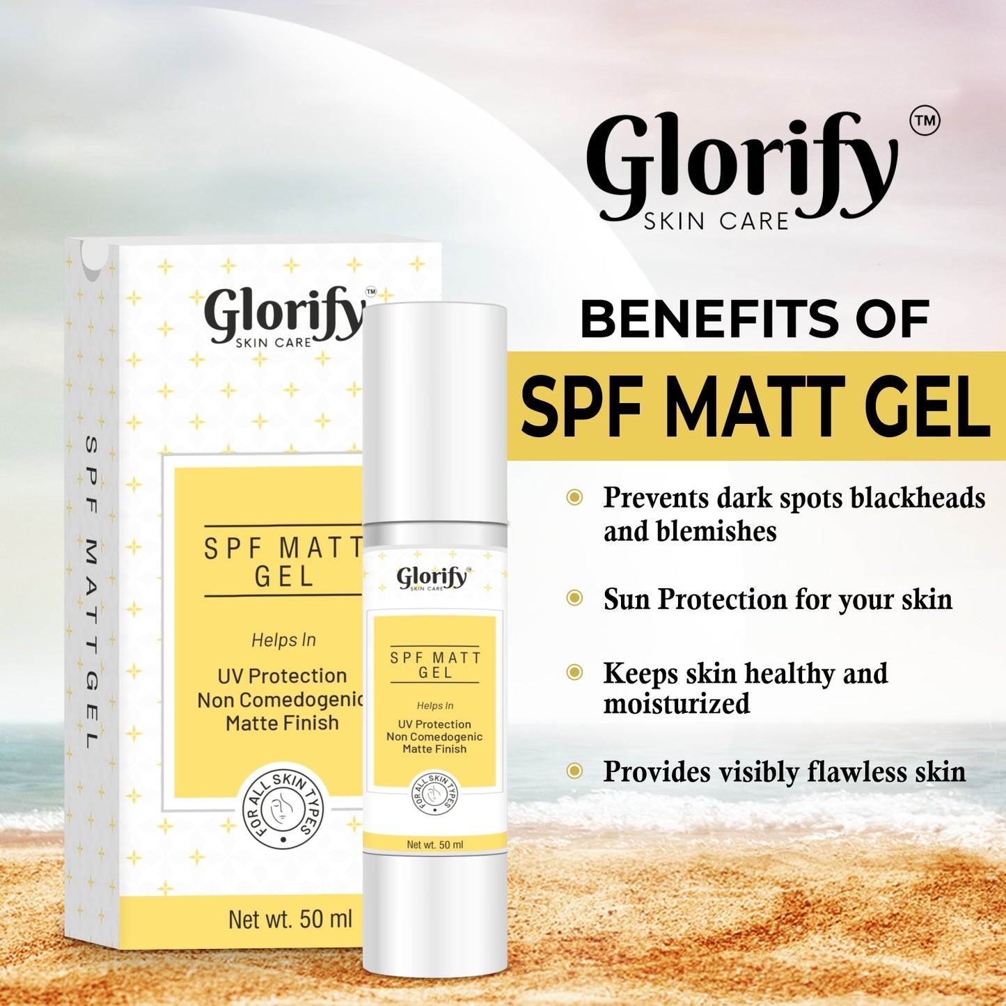 Glorify SPF Matt Gel | sunscreen with 50 spf PA+++, Non comedogenic,Water & Sweat Resistant.