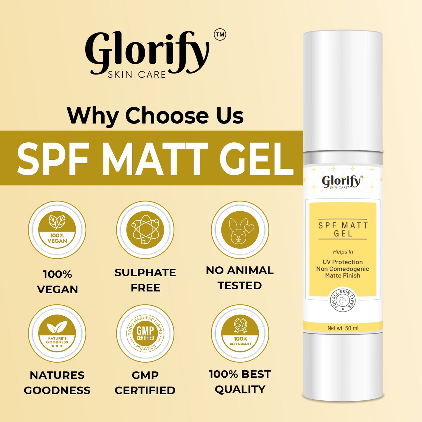 Glorify SPF Matt Gel | sunscreen with 50 spf PA+++, Non comedogenic,Water & Sweat Resistant.