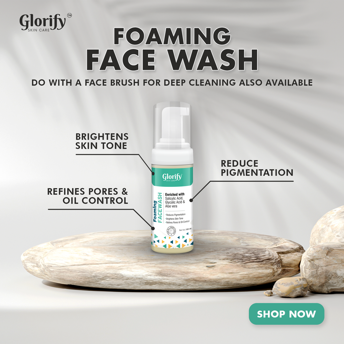 Glorify Foaming Face Wash | with Salicylic acid, Glycolic acid & Aloevera- for pigmentation, Acne,skin elasticity.