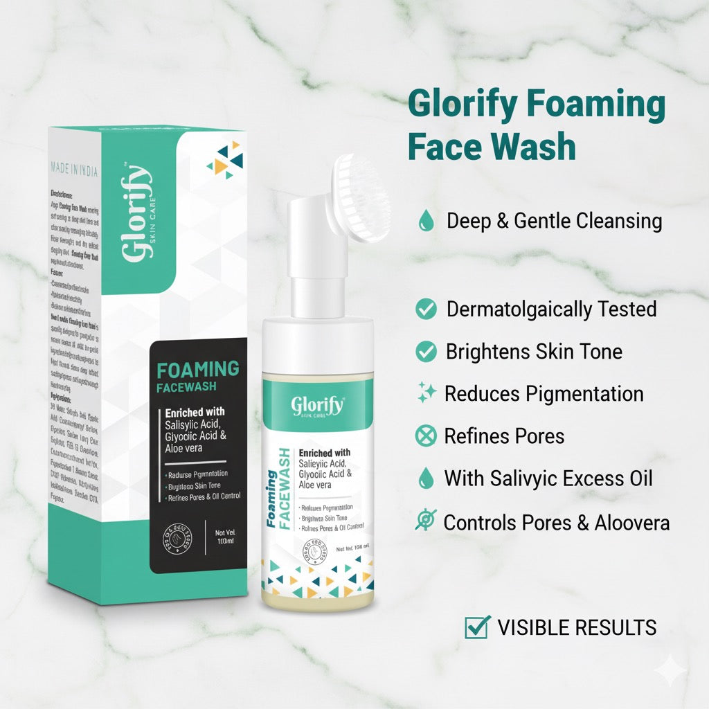 Glorify Foaming Face Wash | with Salicylic acid, Glycolic acid & Aloevera- for pigmentation, Acne,skin elasticity.