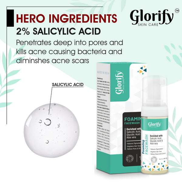 Glorify Foaming Face Wash | with Salicylic acid, Glycolic acid & Aloevera- for pigmentation, Acne,skin elasticity.