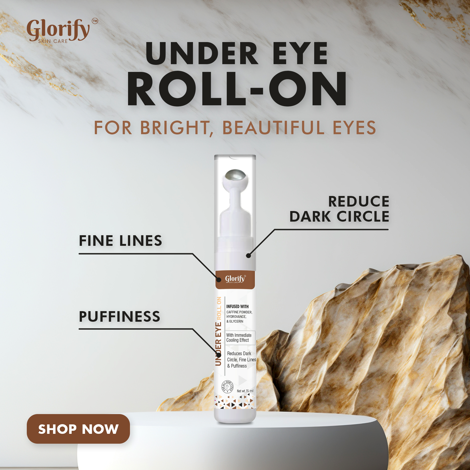 Glorify Under Eye Gel with Roll On | for Puffed eyes, Wrinkles, Finelines & Dark Circles.