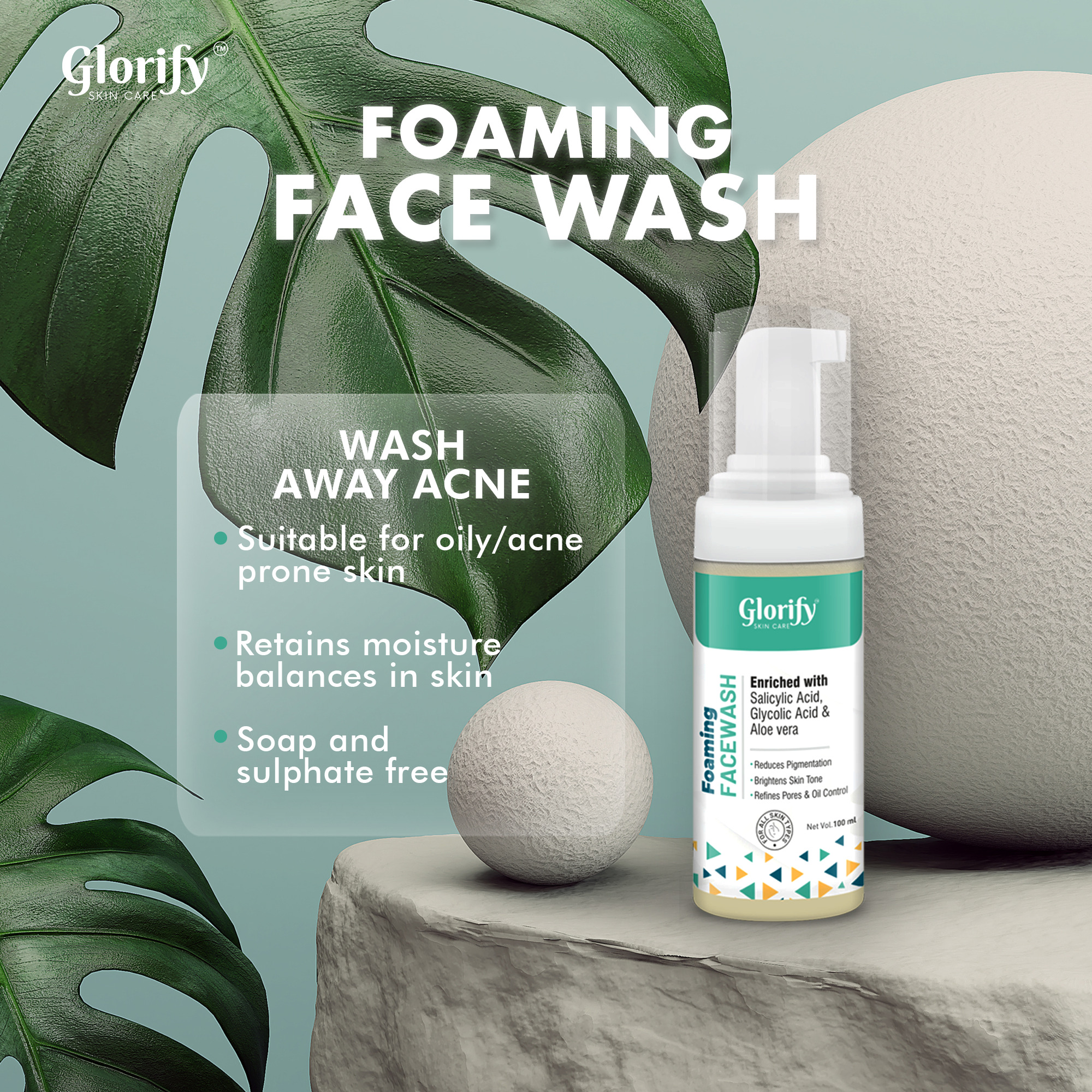 Glorify Foaming Face Wash | with Salicylic acid, Glycolic acid & Aloevera- for pigmentation, Acne,skin elasticity.